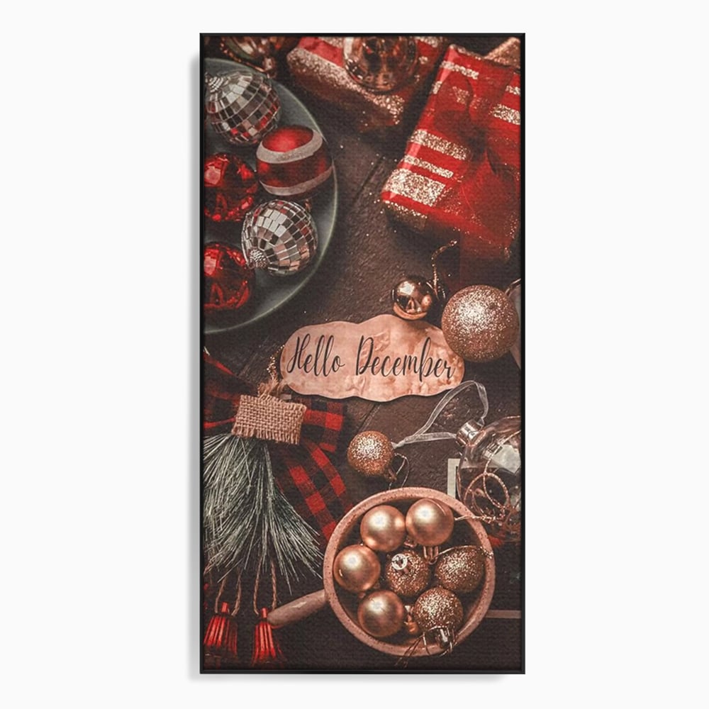 Tablou canvas cu tablou canvas cu globuri si cadouri, in rama de aluminiu negru